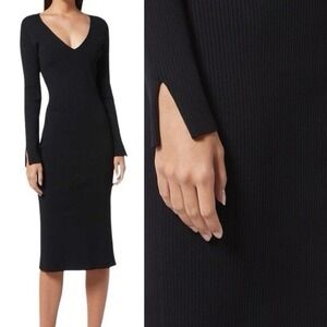 Jonathan Simkhai V-Neck Ribbed Stretchy Black Midi Dress Long Sleeve Cocktail